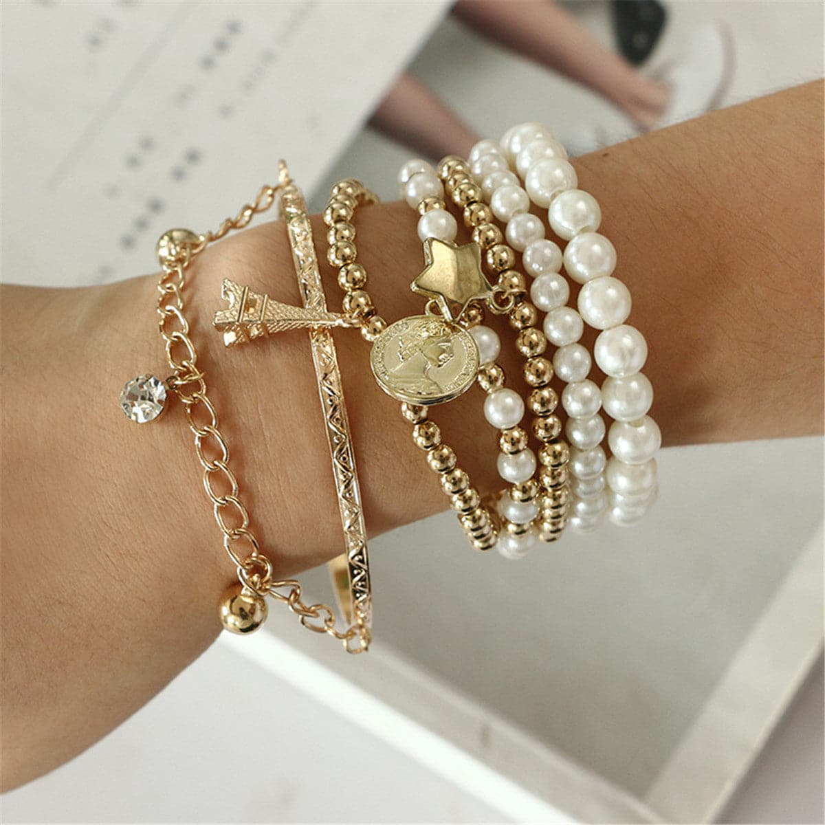 Pearl and 18K Gold-Plated Eiffel Tower Bracelet Set, jewelry gift sets for women, everyday style, detail close-up