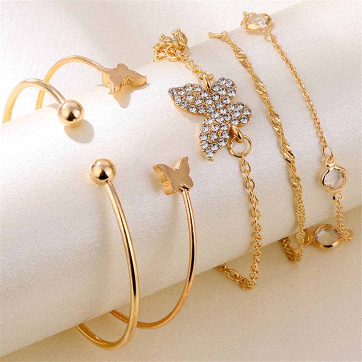 Cubic Zirconia and 18K Gold-Plated Butterfly Bracelet Set, jewelry gift sets for women, everyday style, detail close-up