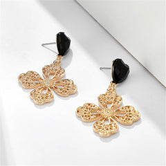 Black Crystal & 18K Gold-Plated Filigree Heart Floral Drop Earrings