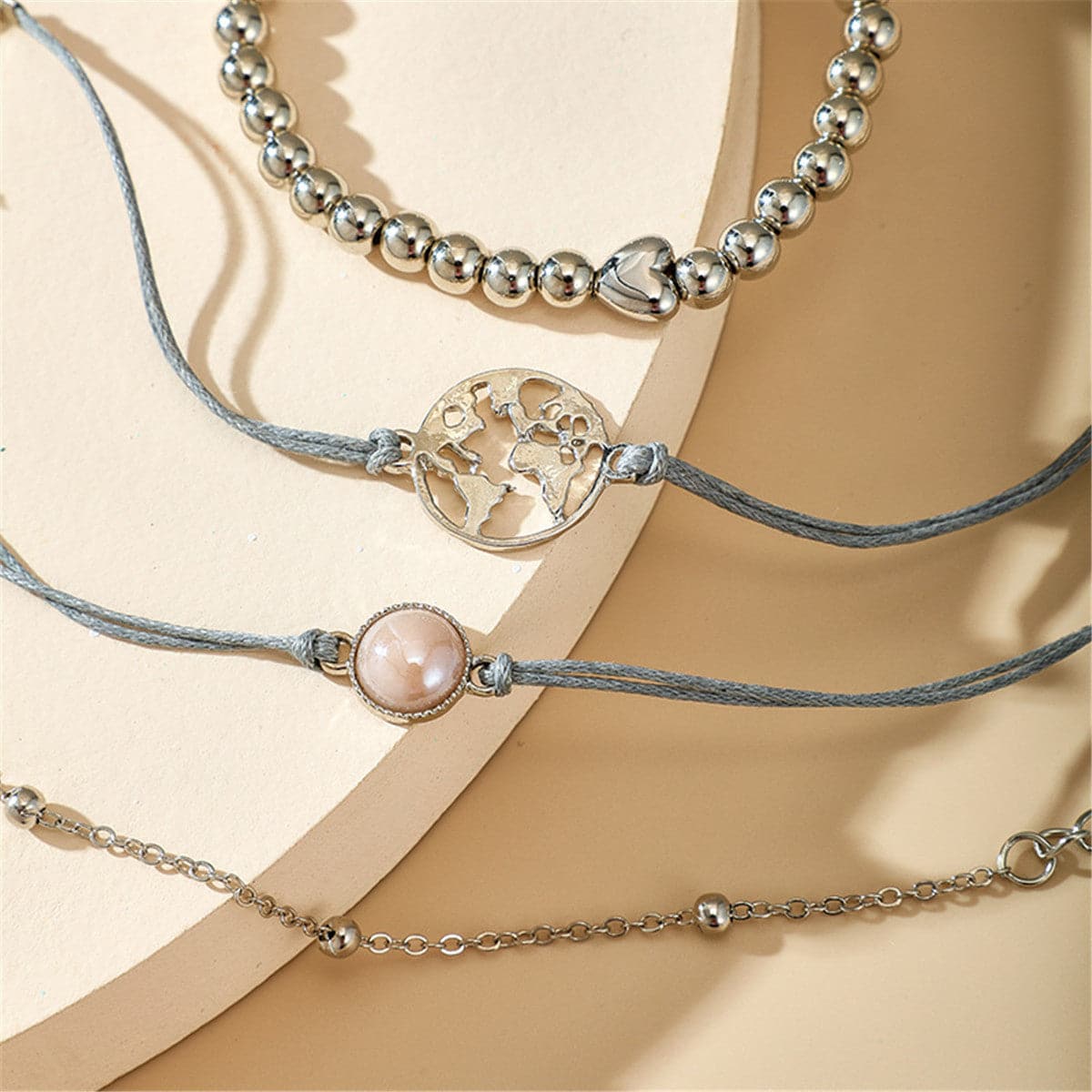 Silver-Plated Globe Charm Bracelet Set, jewelry gift sets for women, botanical inspired, detail close-up