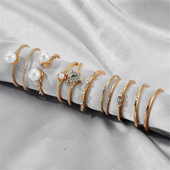 Cubic Zirconia & Pearl 18K Gold-Plated Braided-Band Ring Set