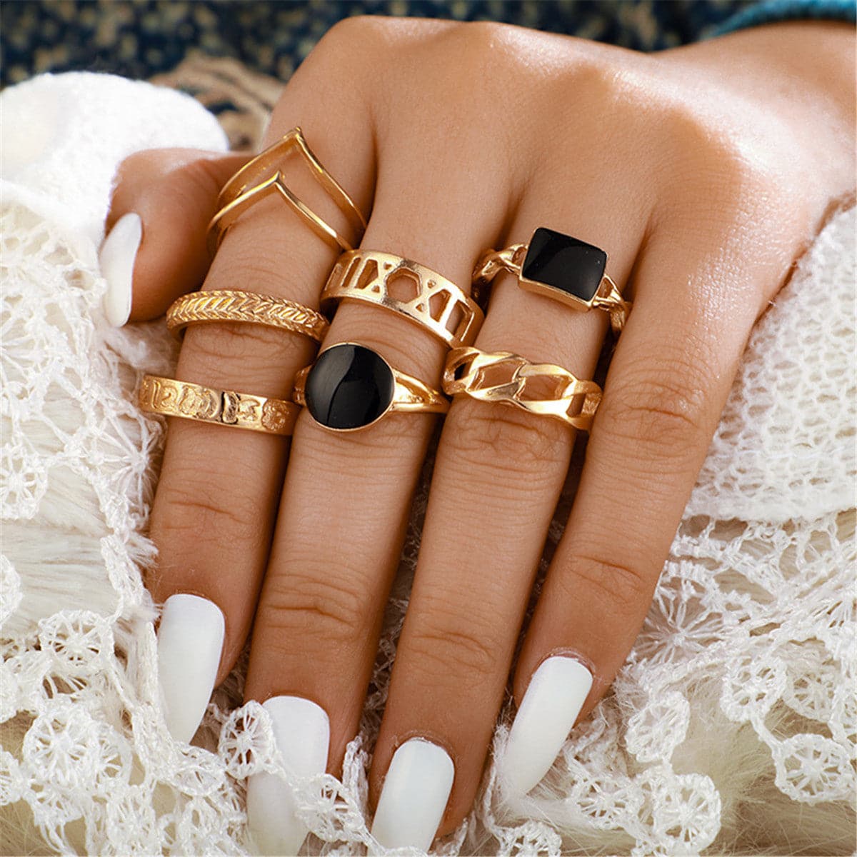 Black & 18K Gold-Plated Oval Double-Band Ring Set