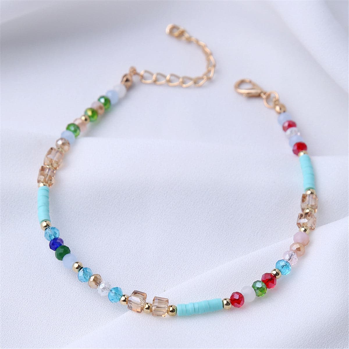 Blue Acrylic and 18K Gold-Plated Beaded Anklet, gold anklet bracelet, elegant gift for her, detail close-up