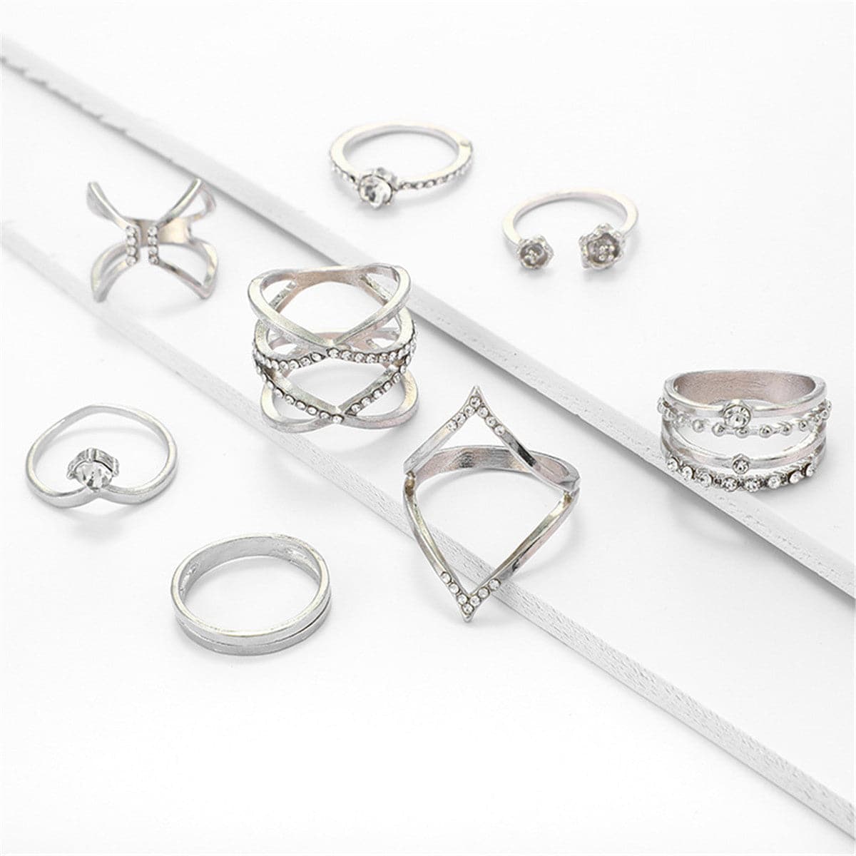 Cubic Zirconia & Silver-Plated Geometric Ring Set