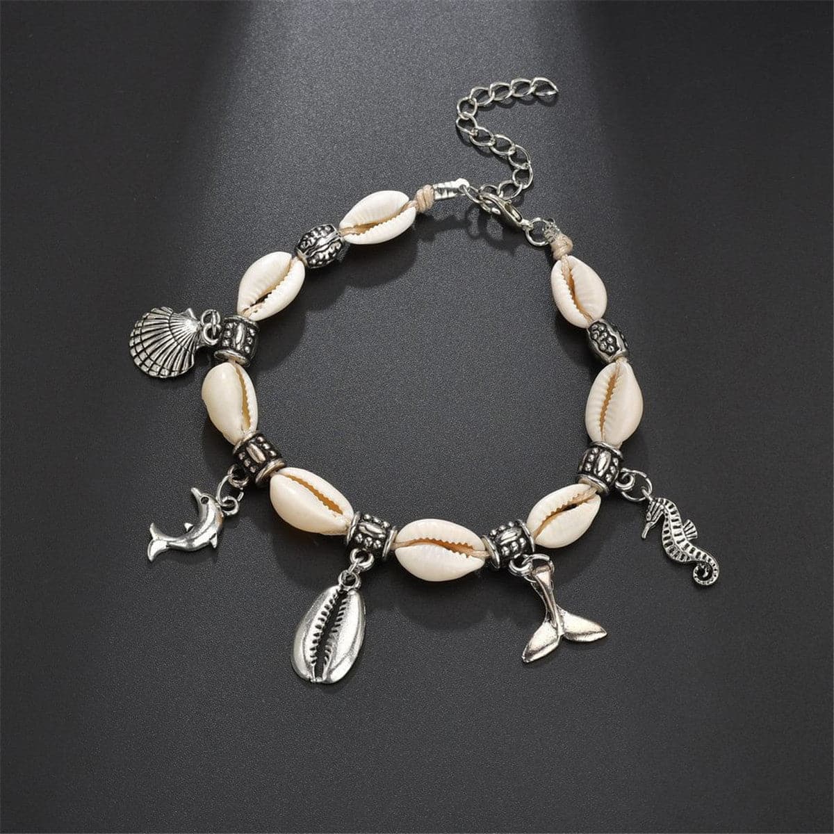 Shell and Silver-Plated Dolphin Hippocampus Charm Anklet, silver anklet bracelet, everyday style, detail close-up
