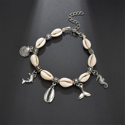 Shell and Silver-Plated Dolphin Hippocampus Charm Anklet, silver anklet bracelet, everyday style, detail close-up
