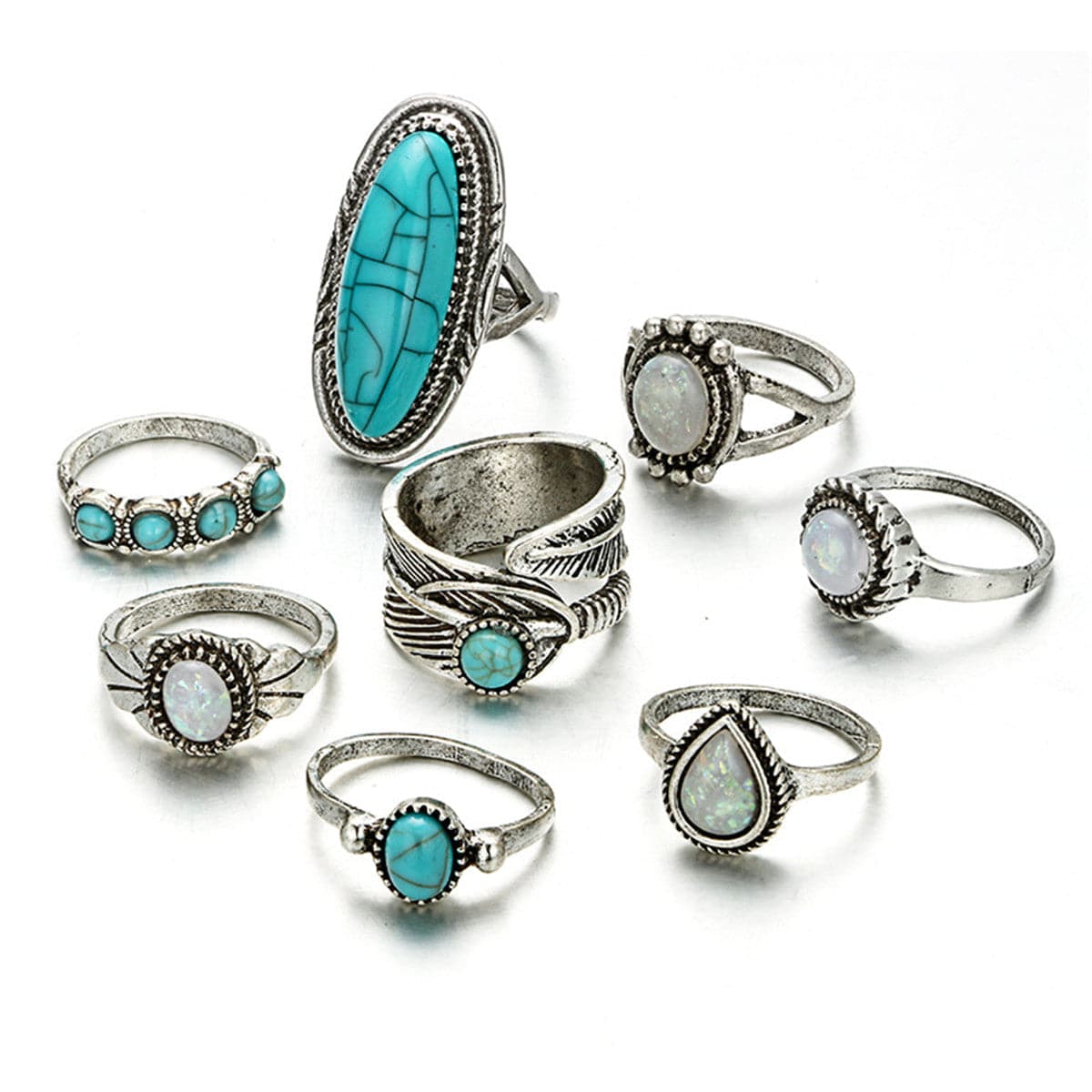 Turquoise & Silver-Plated Leaf Feather Ring Set
