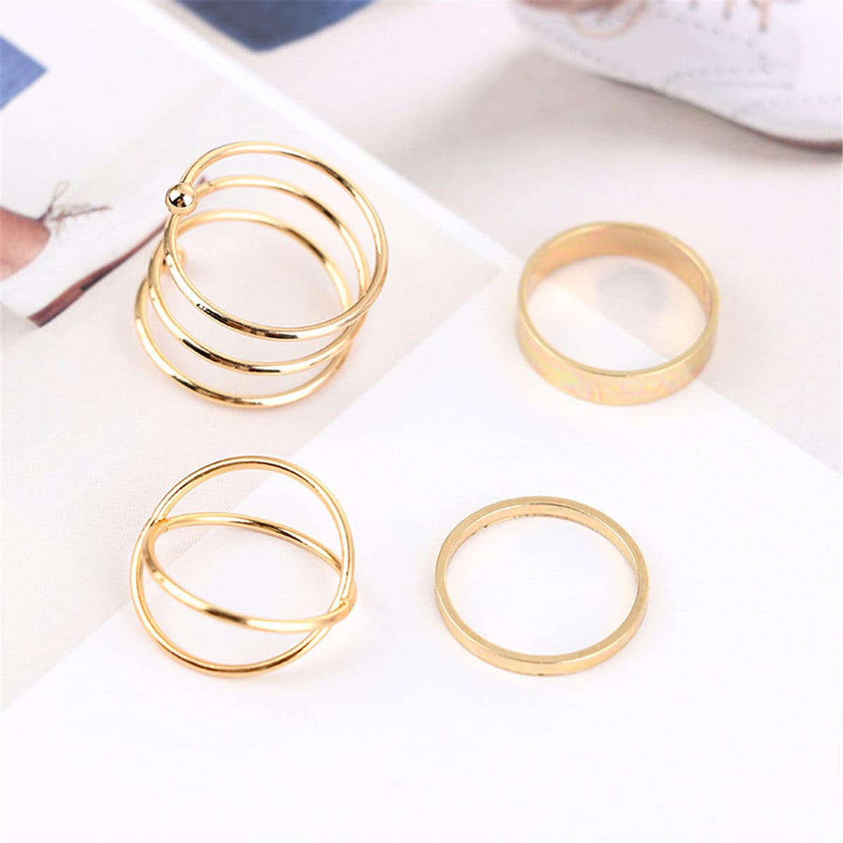 18K Gold-Plated Simplicity Stackable Ring Set, jewelry gift sets for women, botanical inspired, detail close-up