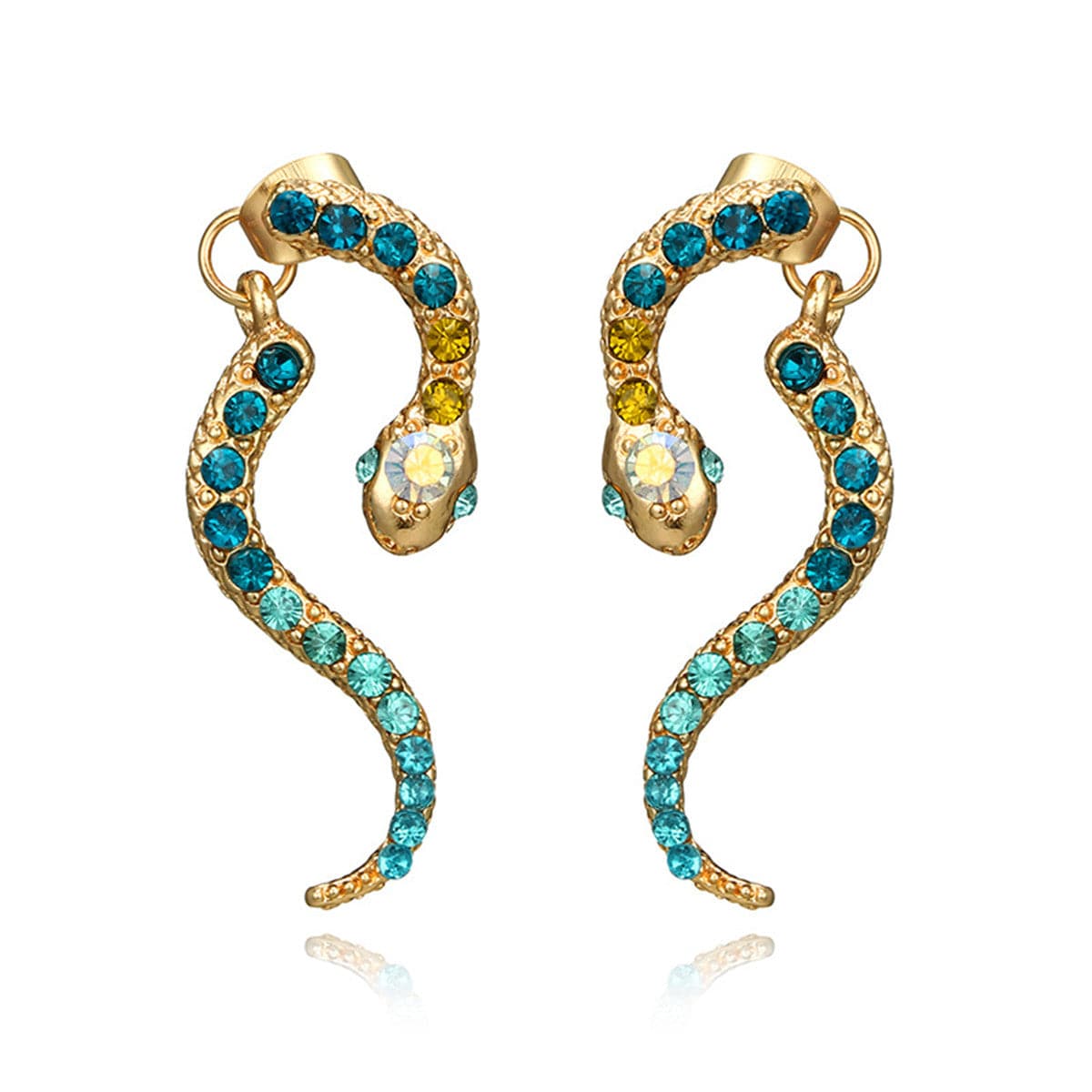 Blue Cubic Zirconia and 18K Gold-Plated Snake Drop Earrings, gold drop earrings for women, botanical inspired, side view