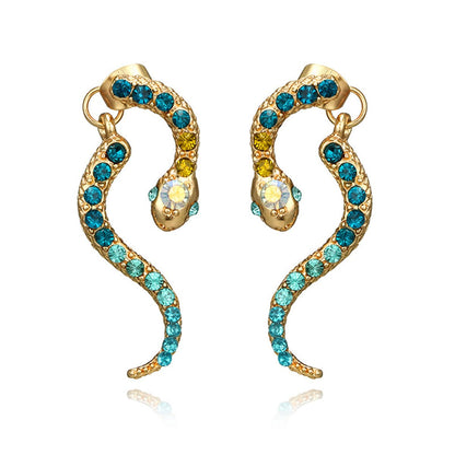 Blue Cubic Zirconia and 18K Gold-Plated Snake Drop Earrings, gold drop earrings for women, botanical inspired, side view