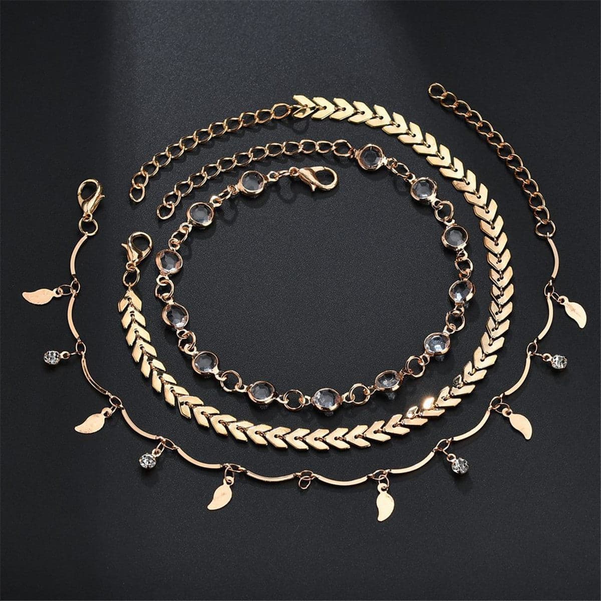 Cubic Zirconia and 18K Gold-Plated Leaf Charm Anklet Set, jewelry gift sets for women, everyday style, detail close-up