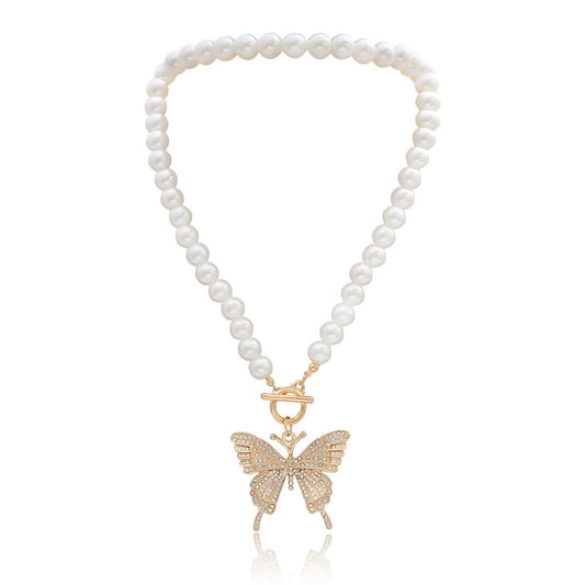 Cubic Zirconia and Pearl 18k Gold-Plated Butterfly Pendant Necklace, gold pendant necklace for women, front view