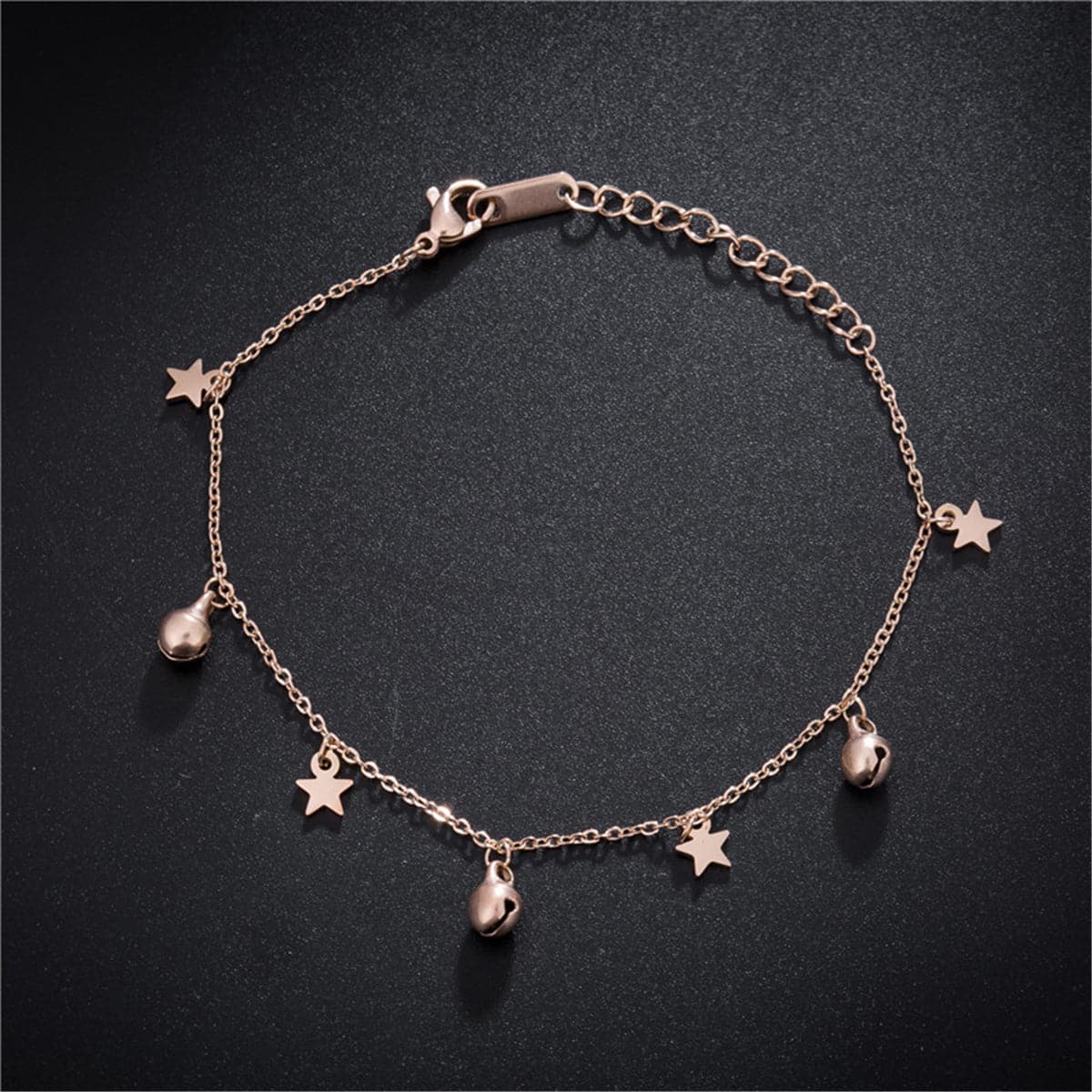 18K Rose Gold-Plated Star and Bell Station Anklet, rose gold anklet bracelet, elegant gift for her, front view