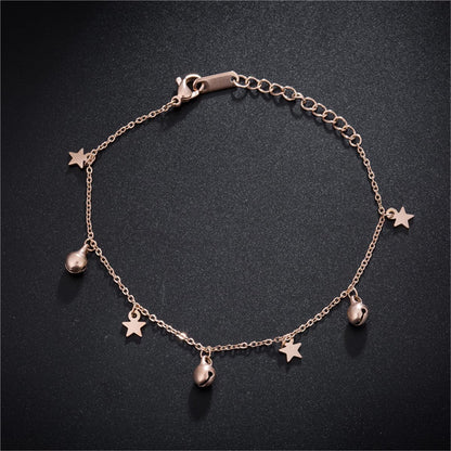 18K Rose Gold-Plated Star and Bell Station Anklet, rose gold anklet bracelet, elegant gift for her, front view
