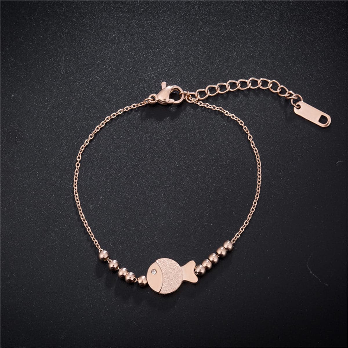 18K Rose Gold-Plated Frosted Fish and Bead Anklet, rose gold anklet bracelet, elegant gift for her, front view