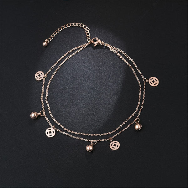 18k Rose Gold-Plated Coin & Bell Layer Station Anklet