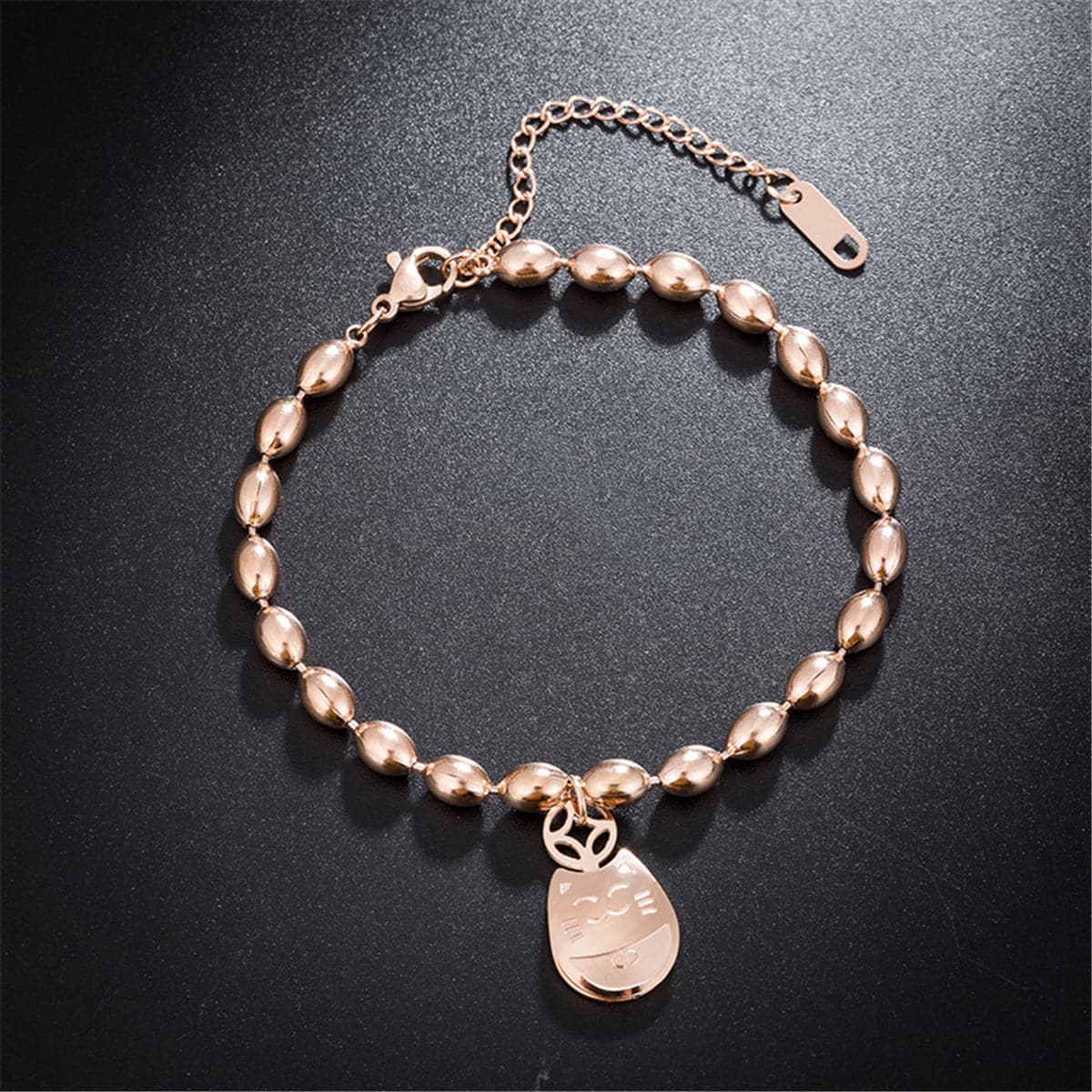 18K Rose Gold-Plated Kitty Long Bead Charm Bracelet, rose gold bracelet for women, botanical inspired, front view