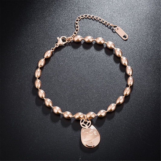 18K Rose Gold-Plated Kitty Long Bead Charm Bracelet, rose gold bracelet for women, botanical inspired, front view