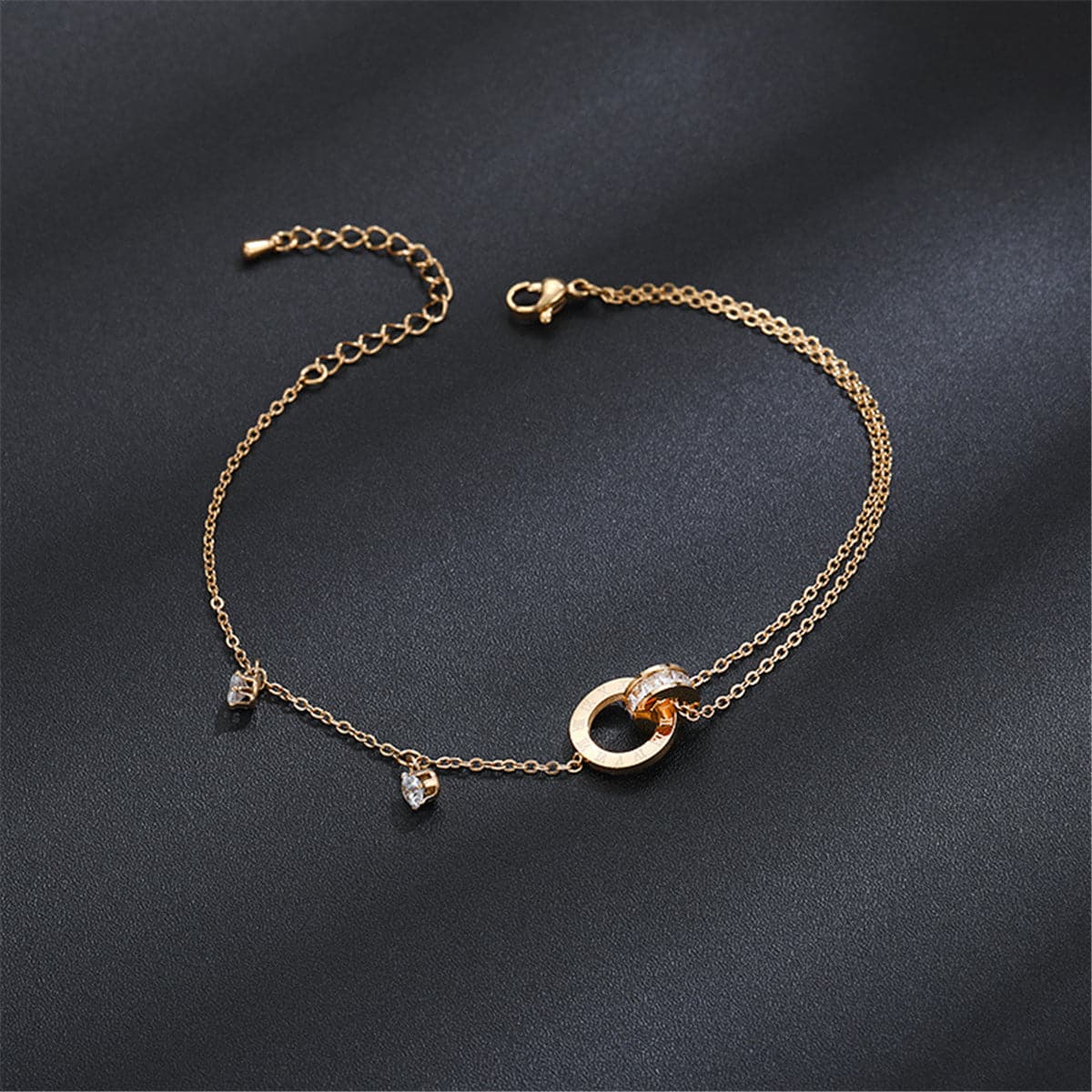 18K Rose Gold-Plated and Cubic Zirconia Crossing Ring Charm Anklet, rose gold anklet bracelet, front view