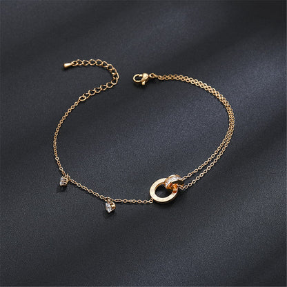 18K Rose Gold-Plated and Cubic Zirconia Crossing Ring Charm Anklet, rose gold anklet bracelet, front view