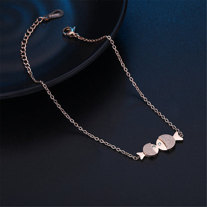 18K Rose Gold-Plated and Cubic Zirconia Double Frosted Fish Anklet, rose gold anklet bracelet, everyday style, front view