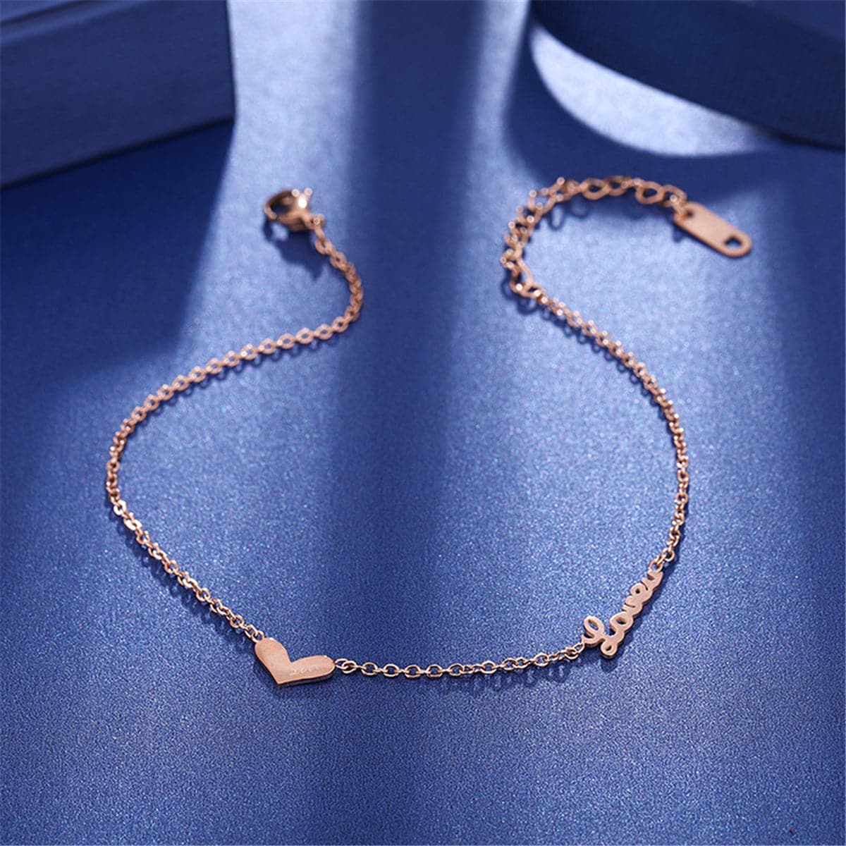 18K Rose Gold-Plated Heart 'Love' Anklet, rose gold anklet bracelet, vintage-inspired design, front view