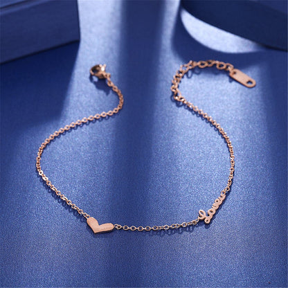 18K Rose Gold-Plated Heart 'Love' Anklet, rose gold anklet bracelet, vintage-inspired design, front view