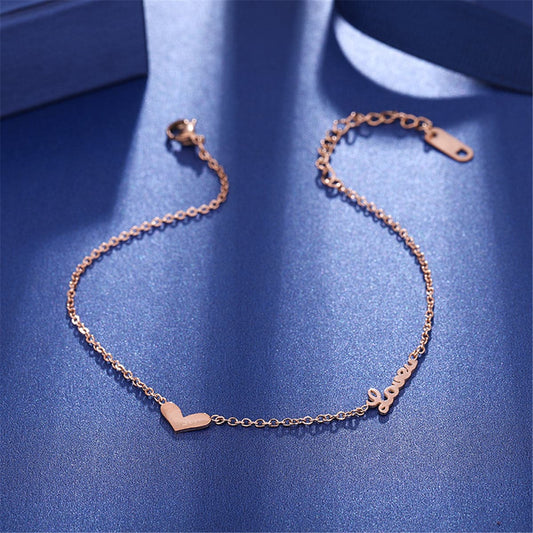 18K Rose Gold-Plated Heart 'Love' Anklet, rose gold anklet bracelet, vintage-inspired design, front view