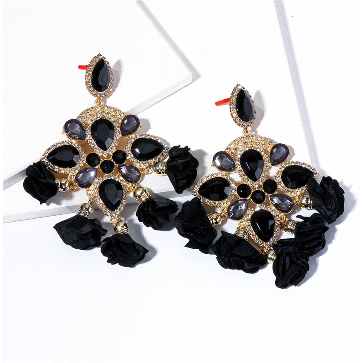 Black Crystal & Cubic Zirconia Floral Chandelier Drop Earrings