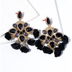 Black Crystal & Cubic Zirconia Floral Chandelier Drop Earrings