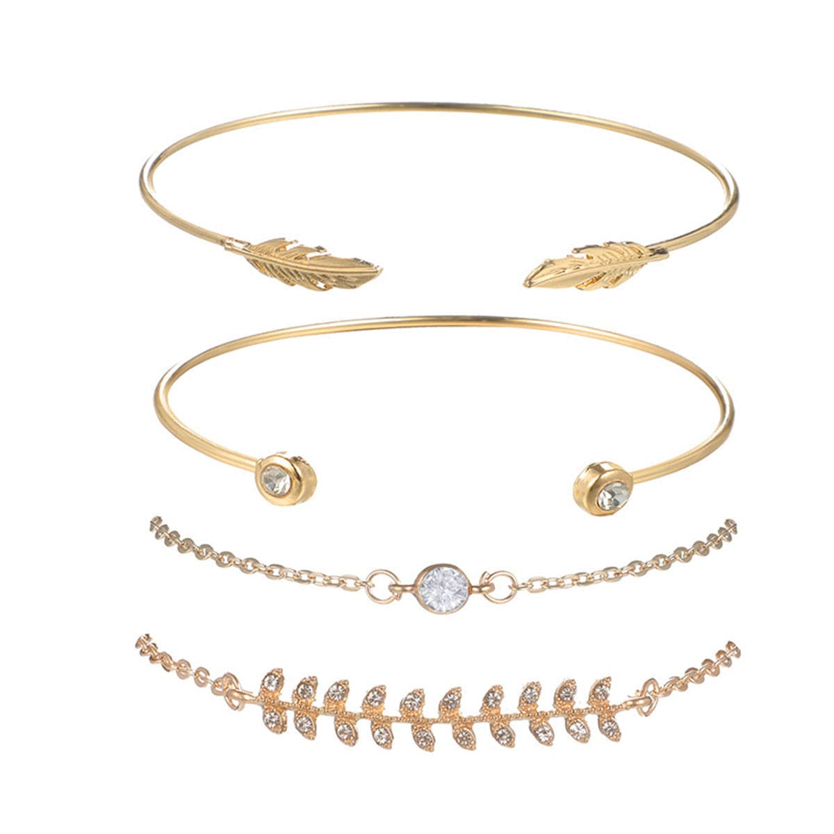 Cubic Zirconia and 18K Gold-Plated Leaf Charm Bracelet Set, gold bracelet for women, detail close-up