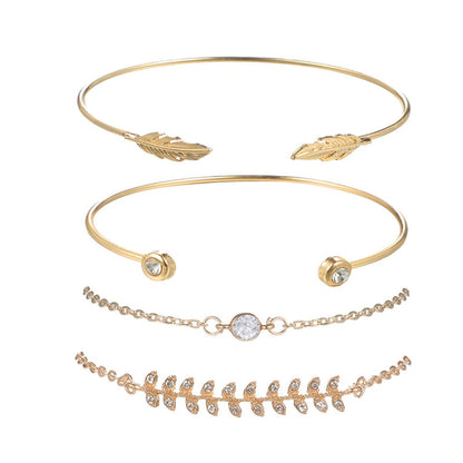 Cubic Zirconia and 18K Gold-Plated Leaf Charm Bracelet Set, gold bracelet for women, detail close-up