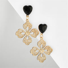 Black Crystal & 18K Gold-Plated Filigree Heart Floral Drop Earrings