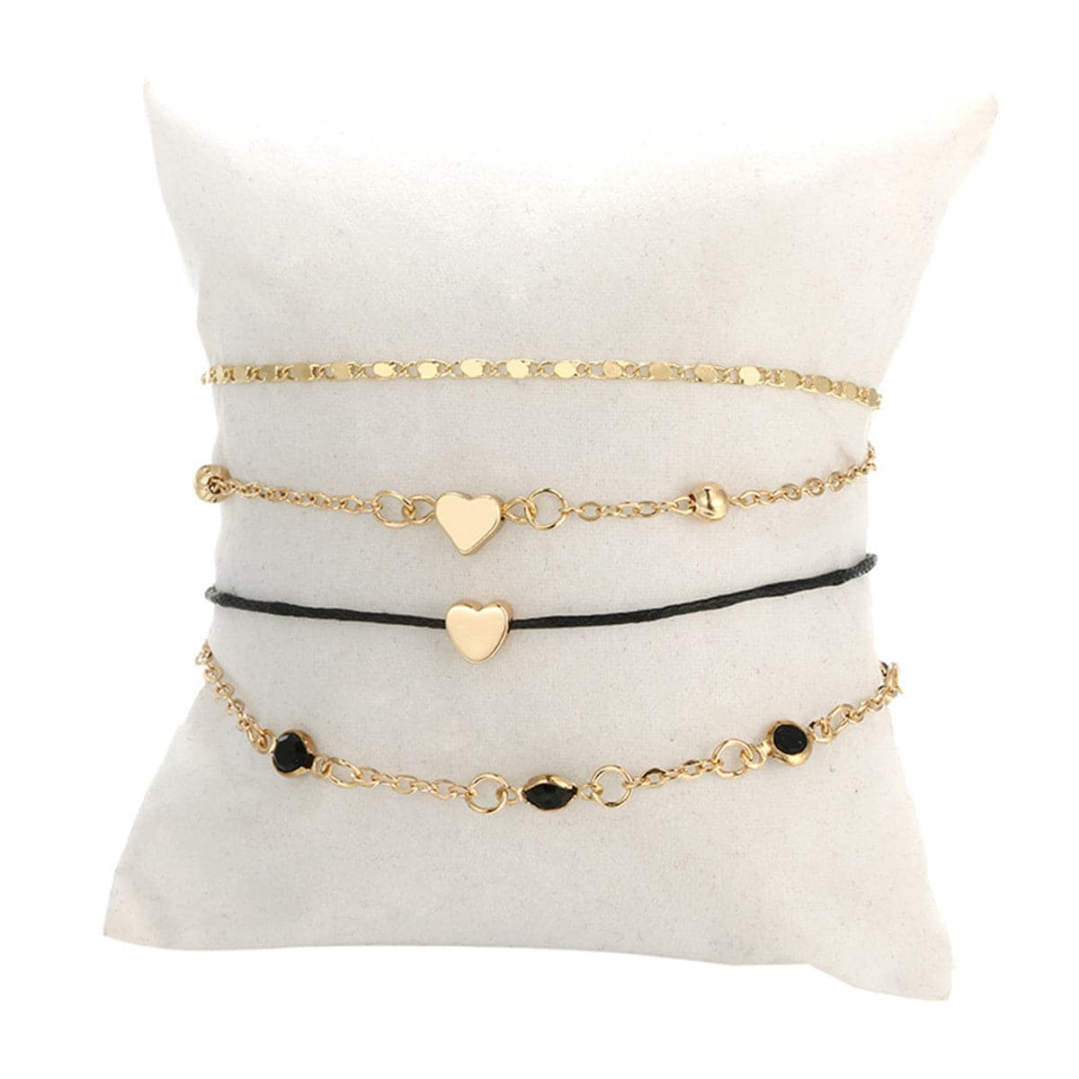 Black Cubic Zirconia & 18K Gold-Plated Bead Heart Bracelet Set