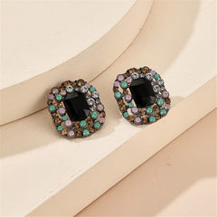 Black Crystal & Cubic Zirconia Square Halo Stud Earrings