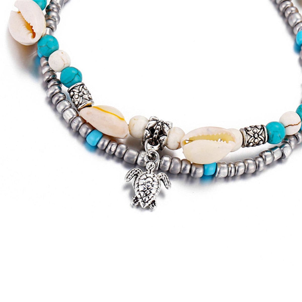 Turquoise and Silver-Plated Tortoise Charm Anklet, silver anklet bracelet, dainty minimalist design, lifestyle look