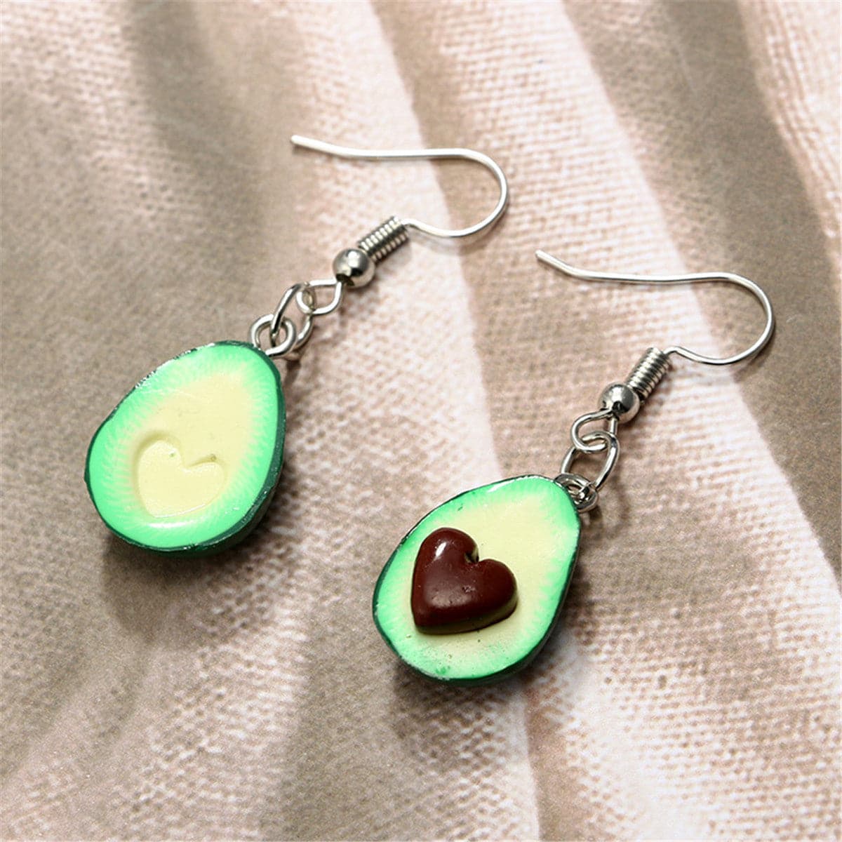 Green & Silver-Plated Avocado Heart Drop Earrings