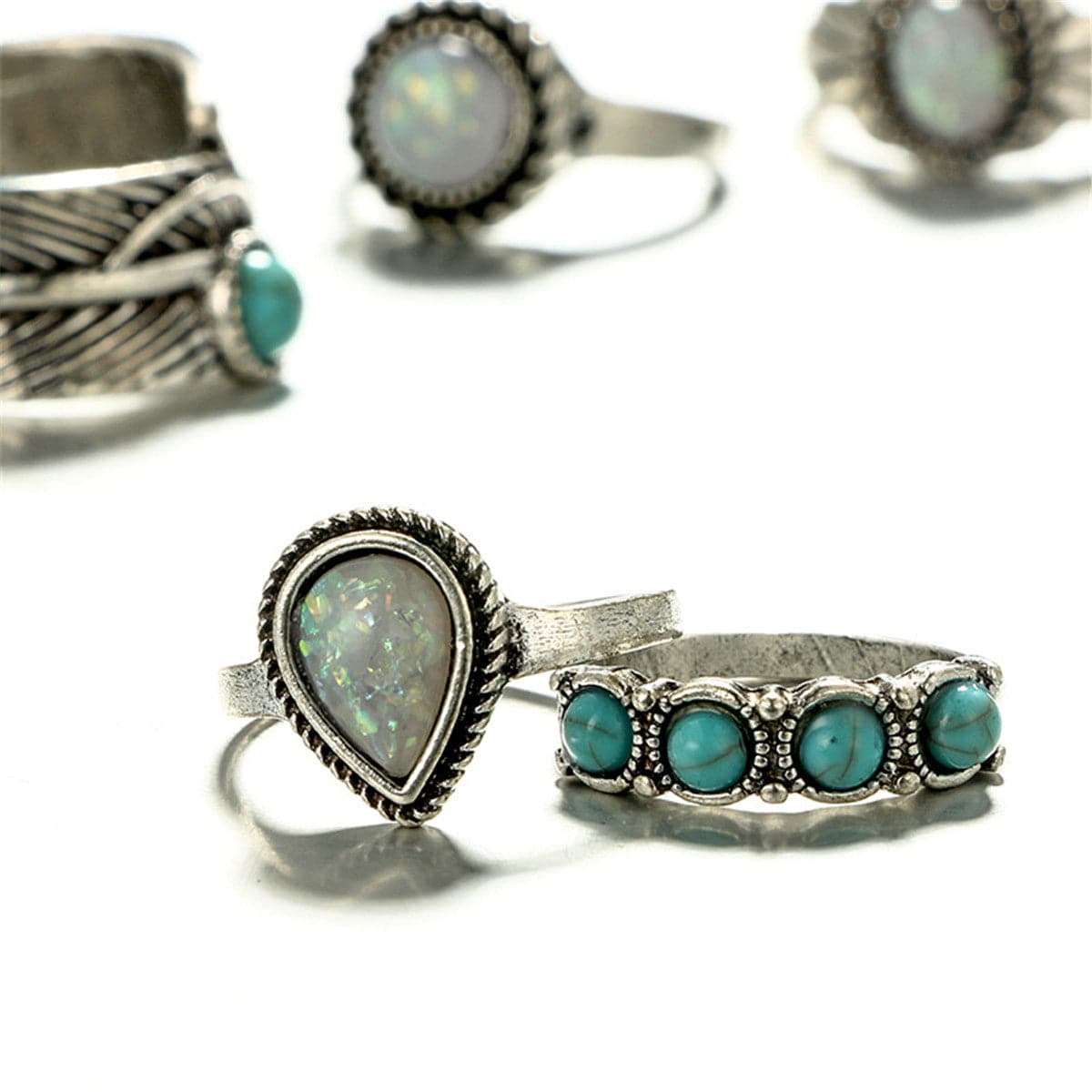 Turquoise and Silver-Plated Leaf Feather Ring Set, jewelry gift sets for women, botanical inspired, detail close-up