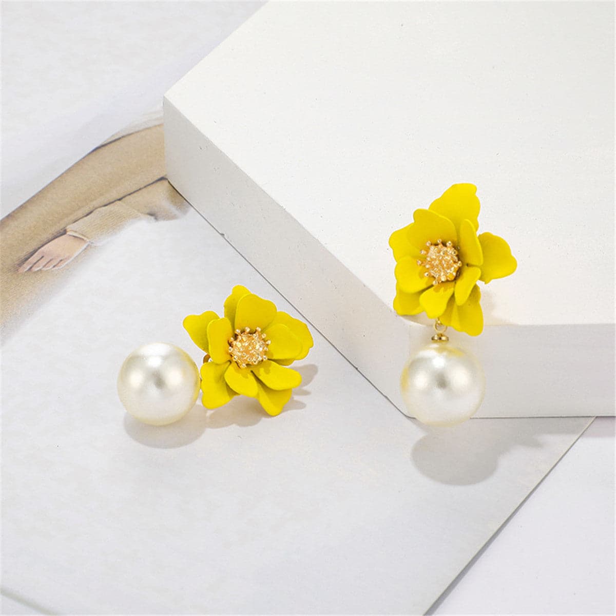 Yellow Acrylic & Pearl Flower Drop Earrings