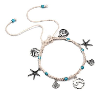 Turquoise and Silver-Plated Starfish Charm Anklet, silver anklet bracelet, elegant gift for her, detail close-up