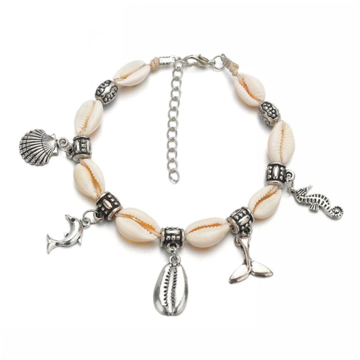 Shell and Silver-Plated Dolphin Hippocampus Charm Anklet, silver anklet bracelet, everyday style, lifestyle look