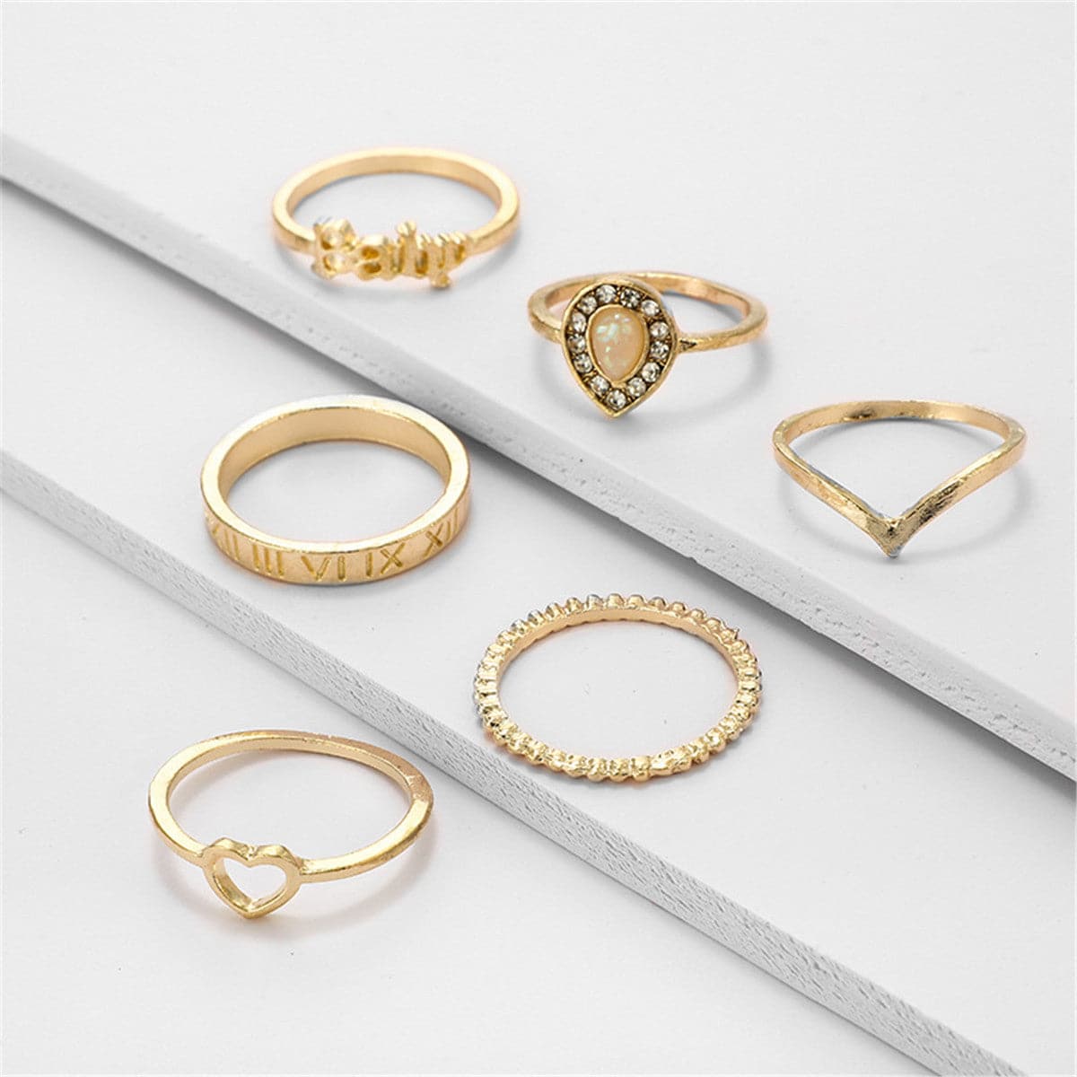 Cubic Zirconia & Resin 18K Gold-Plated Openwork Heart Ring Set