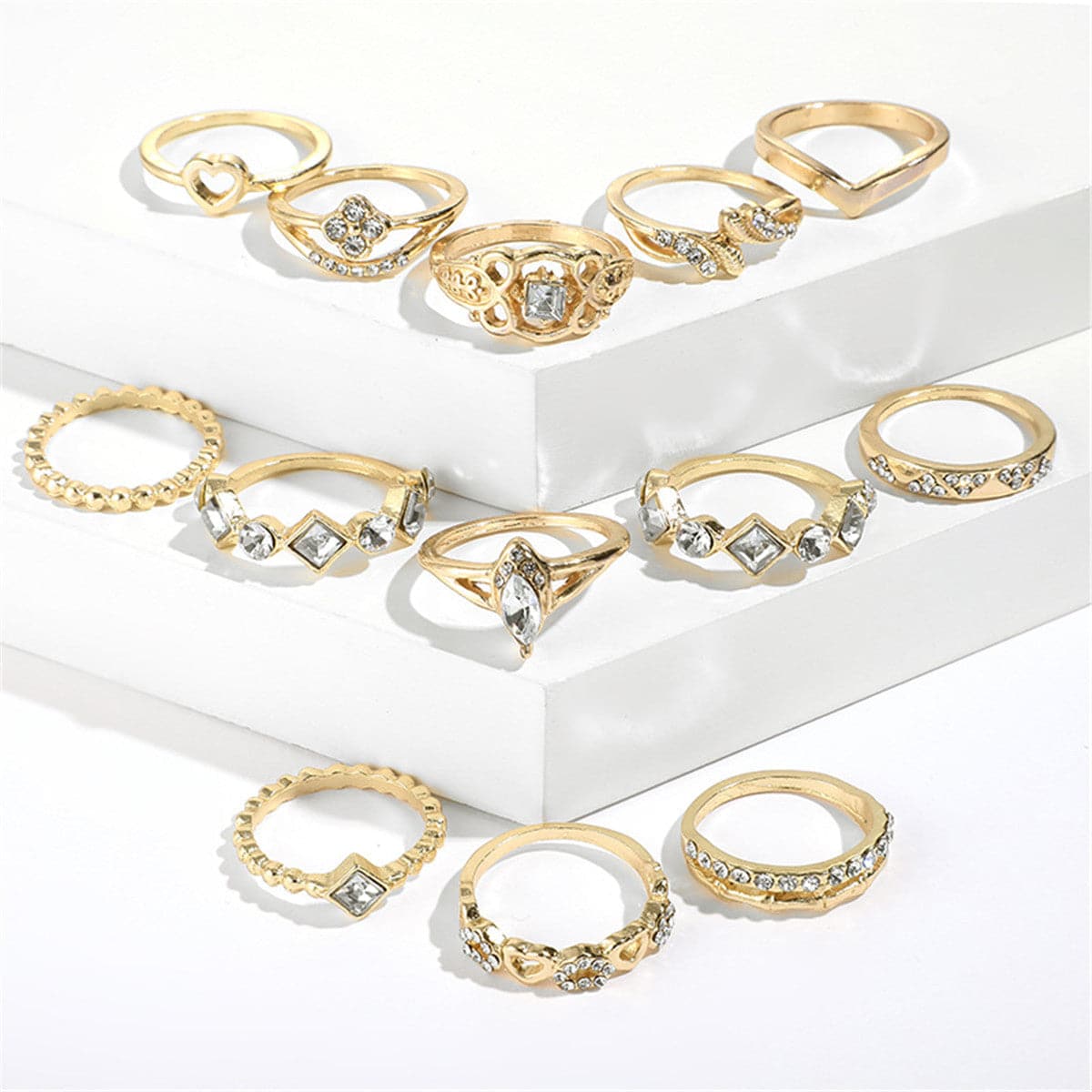 Cubic Zirconia & 18K Gold-Plated Open Alternating Heart Ring Set