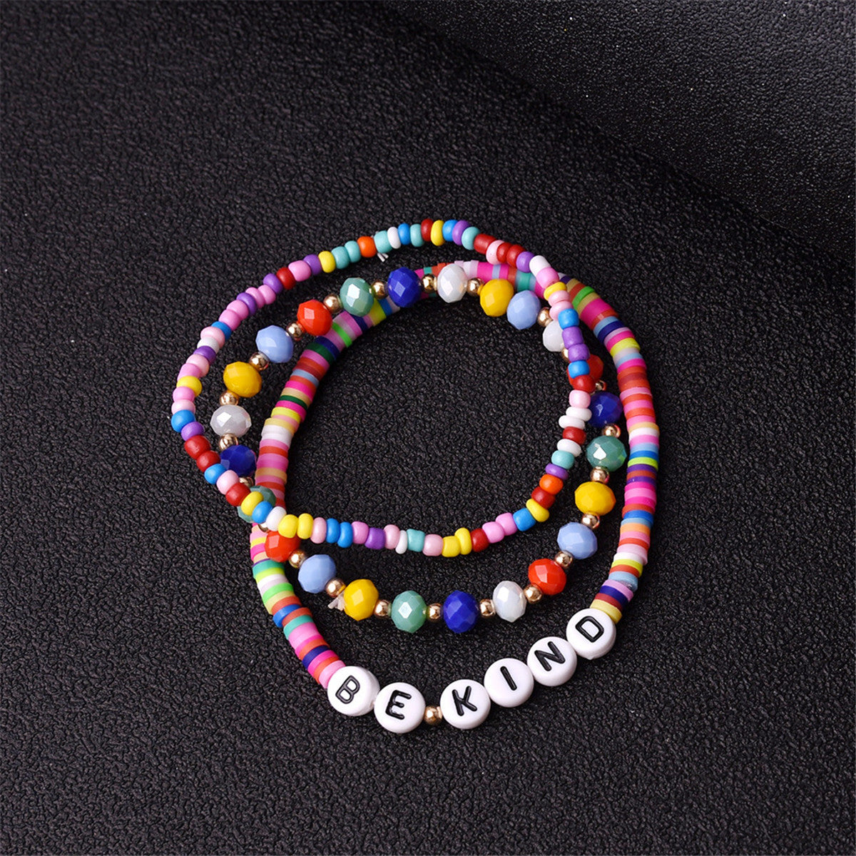 Multicolor Howlite and 18K Gold-Plated 'Be Kind' Beaded Bracelet Set, jewelry gift sets for women, detail close-up