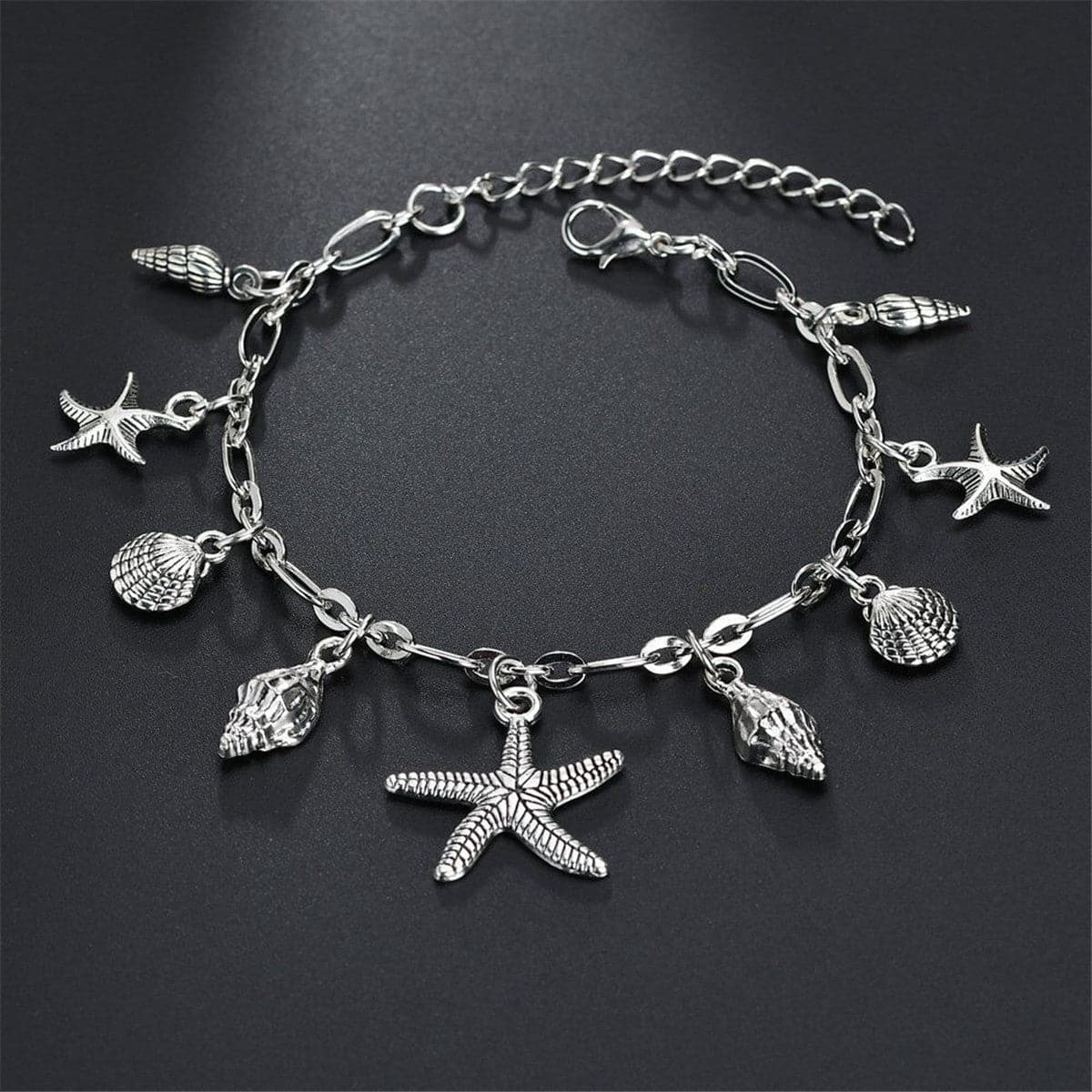 Silver-Plated Starfish Charm Anklet, silver anklet bracelet, botanical inspired, detail close-up