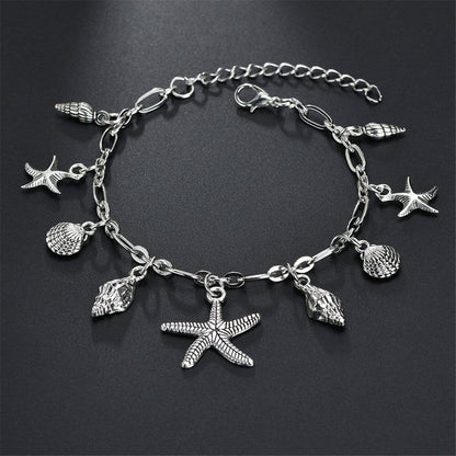 Silver-Plated Starfish Charm Anklet, silver anklet bracelet, botanical inspired, detail close-up