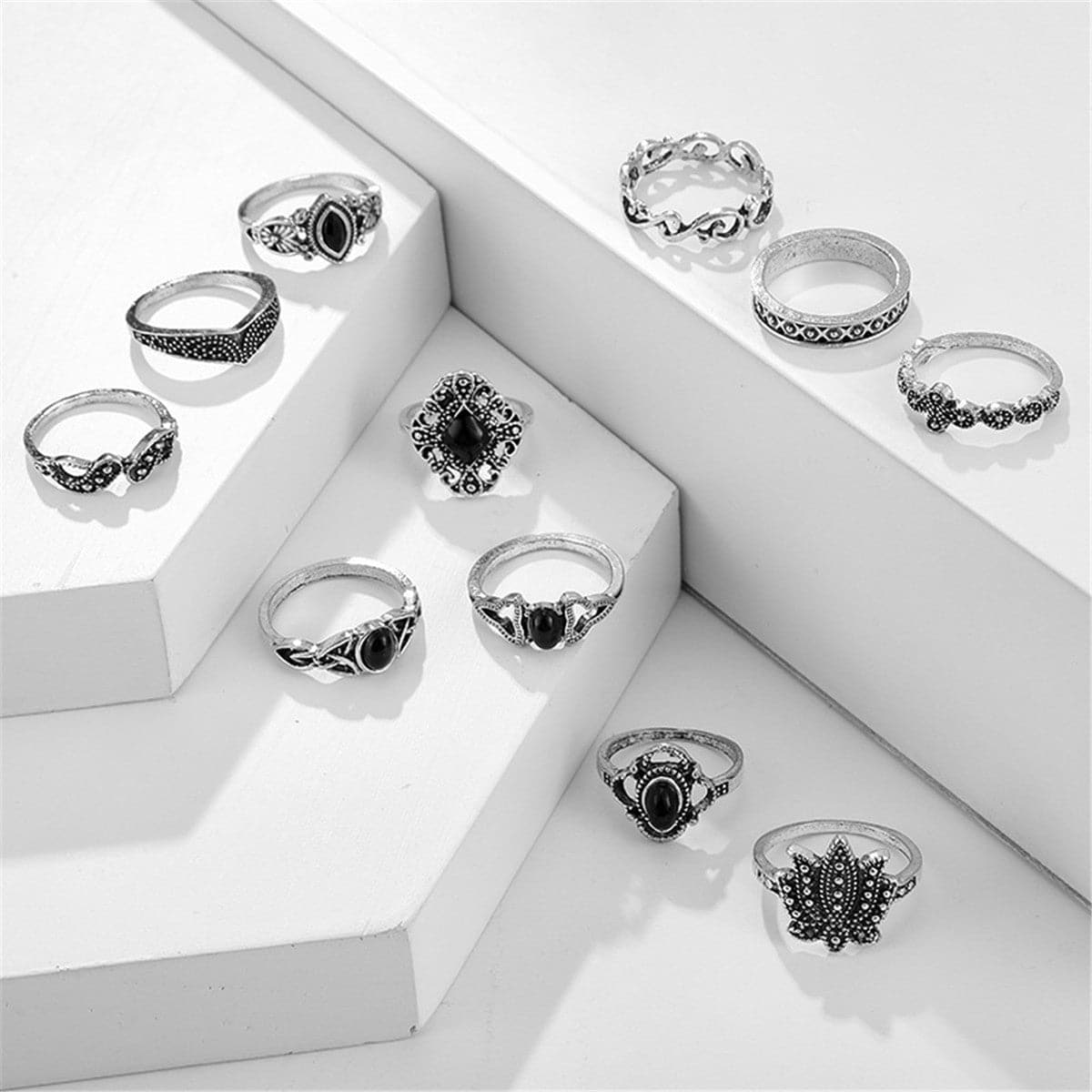 Black Resin & Silver-Plated Lotus Ring Set