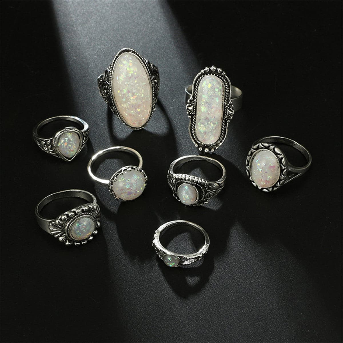 Iridescent and Silver-Plated Long Oval Ring Set, jewelry gift sets for women, elegant gift for her, detail close-up