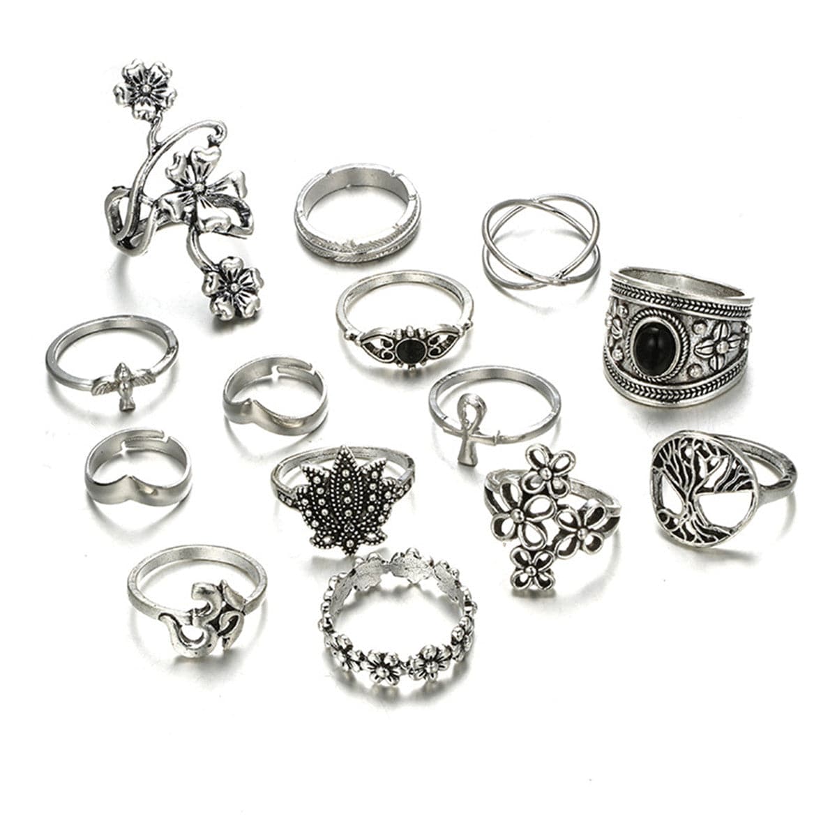 Black and Silver-Plated Botany Ring Set, jewelry gift sets for women, everyday style, side view