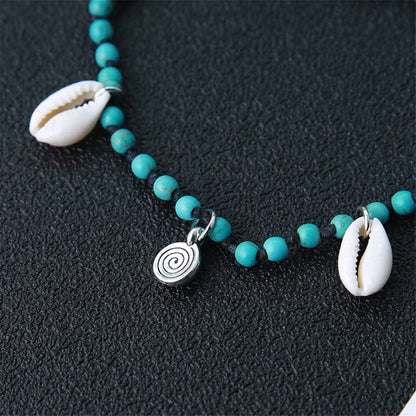 Turquoise and Silver-Plated Shell Adjustable Anklet, silver anklet bracelet, botanical inspired, lifestyle look